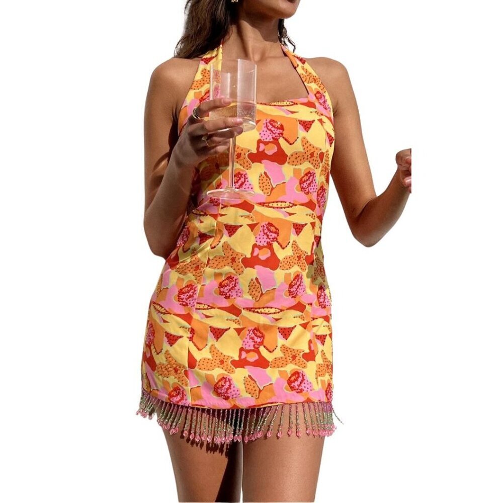 Show Me Your Mumu Samba Mini Dress Havana Beaded Sequins Pink Yellow Size Small